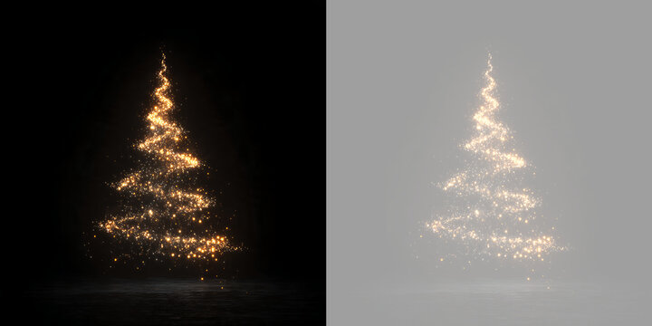 Stylized sparkling Christmas tree made of golden light trail. Luminous holiday tree silhouette isolated on black and transparent background