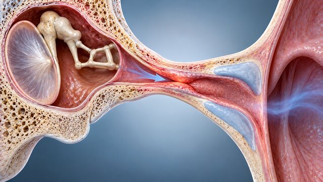 Middle ear anatomy showing the eardrum and small bones of hearing