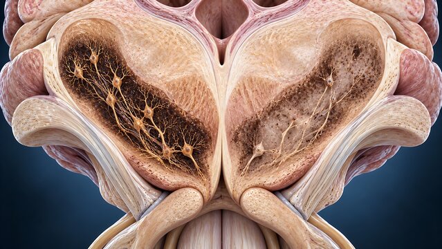 Lumbar spinal canal with narrowed space around the spinal nerves