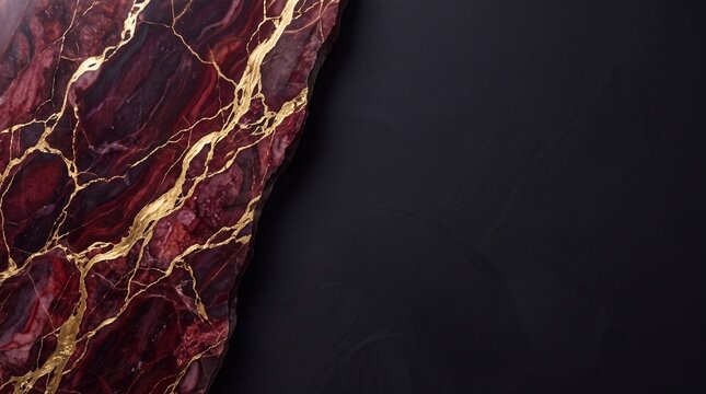 Burgundy Marble Slab with Gold Veins on Dark Background