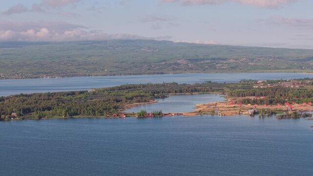 Aerial view of Lake Sevan and its shoreline in Armenia.