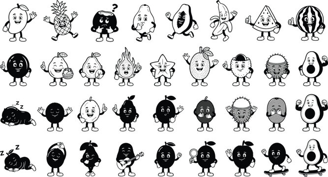 Cute fruit character collection featuring smiling tropical fruits, playful poses, funny expressions, dancing, sleeping, and whimsical food illustrations
