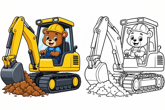 Cute cartoon bear driving a yellow excavator construction vehicle for coloring book