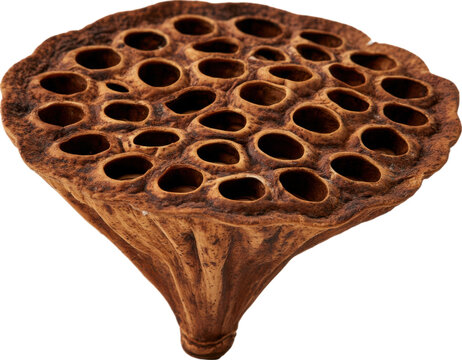 Dried lotus seed pod with holes isolated on transparent background.
