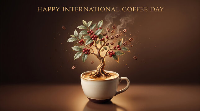 Surreal coffee tree growing from ceramic cup celebrating global beverage appreciation day event