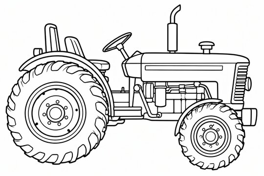 Black and white line art illustration of a heavy farm tractor vehicle