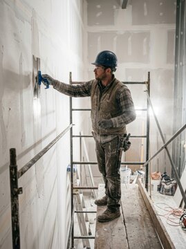 Caucasian male construction worker applying joint compound to a drywall seam on scaffolding