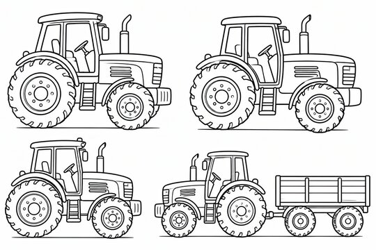 Set of four simple black line art tractor icons for farm machinery