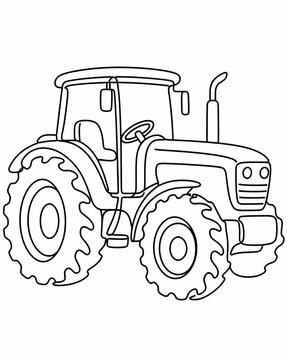 Black and white line art drawing of a farm tractor for coloring page