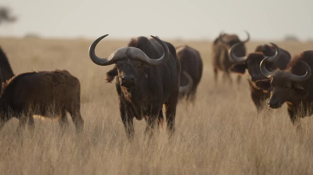 African buffalo (Syncerus caffer )in typical natural Kalahari-Nama Karoo transition habitat near Kimberley, Northern Cape, South Africa, showcasing iconic African wildlife in a wild landscape.