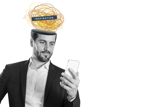 Businessman holding a smartphone with inspiration thoughts above his head, collage style on a white background, business concept