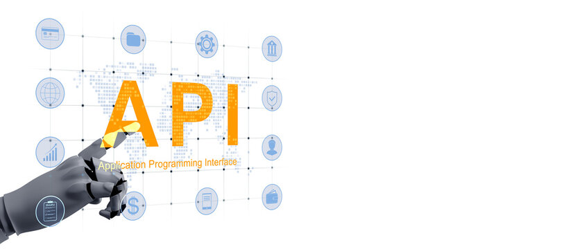 API interface graphic with robotic hand and network icons on a white background, showing software development technology