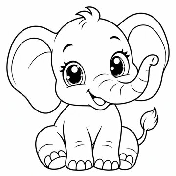 Cute baby elephant character sitting in a simple black and white line art style