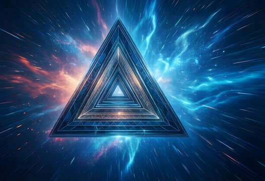 Futuristic space travel and hyperspace jump, abstract triangle portal with light speed motion blur and cosmic nebula background for science fiction
