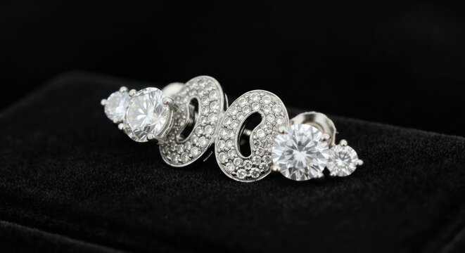 Silver serpentine jewelry piece, adorned with sparkling cubic zirconia stones, rests in a black velvet case