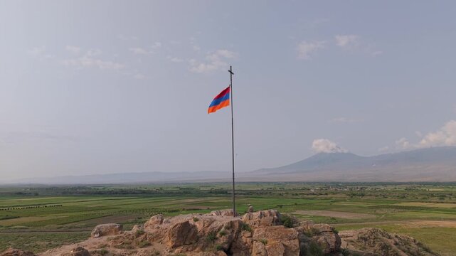Aerial view of the Armenian flag at Khor Virap, Armenia.