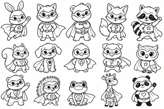 Set of fifteen cute cartoon animal character doodles isolated on white background