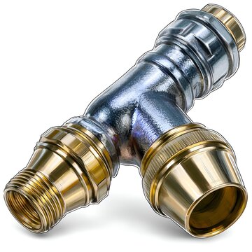Close up of a shiny metal T-shaped pipe fitting with brass connectors isolated on white