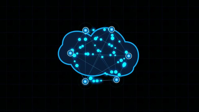 Digital cloud computing network graphic with glowing nodes and connecting lines on a dark grid background technology data cyber connectivity connections server database information tech communication