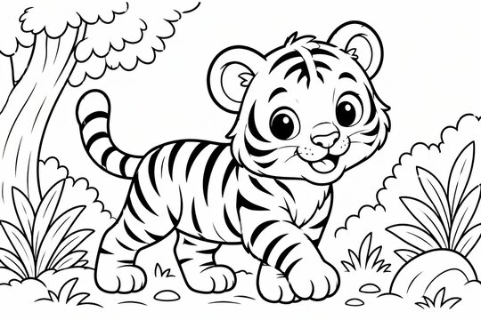 Cute little baby tiger walking in the grass black and white coloring page drawing