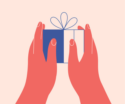 Two hands hold blue gift box. Christmas or birthday present in the human arms. Surprise for men. Vector illustration