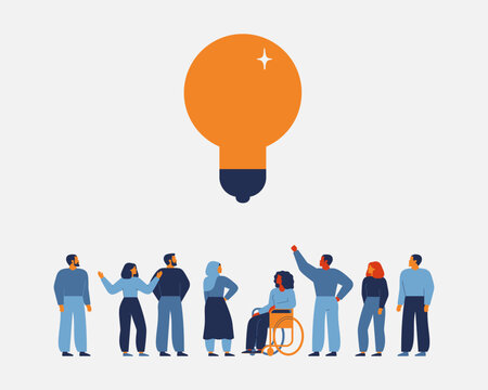 Collaborative creativity and brainstorming concept. People and big lightbulb. Men and women generating innovation ideas and business solutions together. Vector illustration