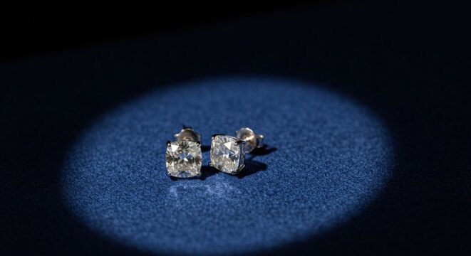 Sparkling cushion-cut diamond earrings, showcased on dark blue fabric under a spotlight