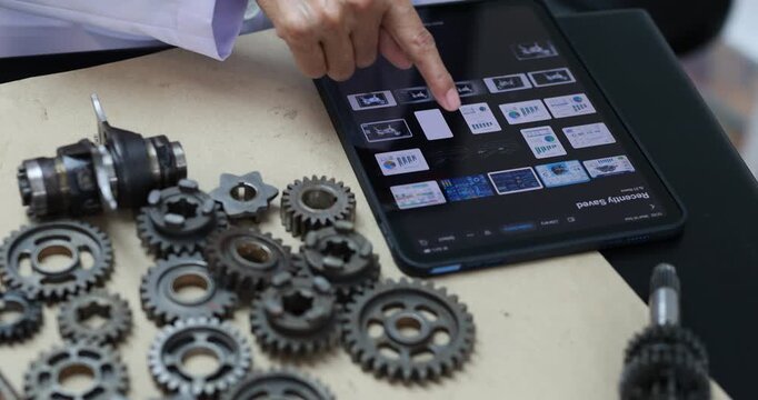 Mechanic using a tablet with digital parts catalog beside metal gears and machine components on a workshop table.