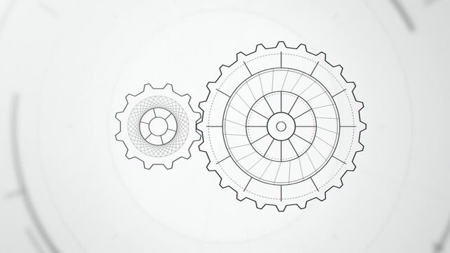 Blueprint gear wheels rotating together seamless loop animation