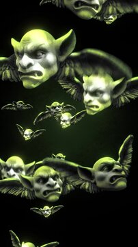 Animated gargoyle heads with wings flying in puppet stop-motion style. Gargoyles with outstretched wings in a looping flight motion, rendered with a handmade, tactile aesthetic. 