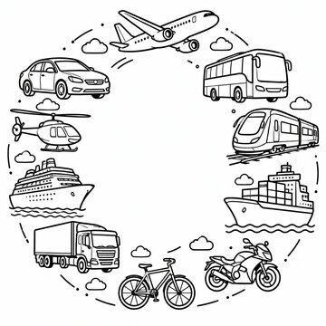 Set of black and white transportation icons arranged in a circle