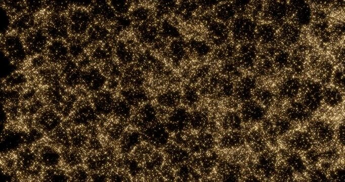 Glittering gold particle trails flying from noise form in black background. Sparkling light streaks glow dust effect. 4K 3D rendering animation.