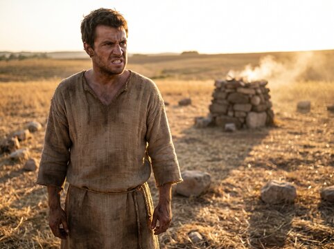 Cain standing angry after God rejects his offering