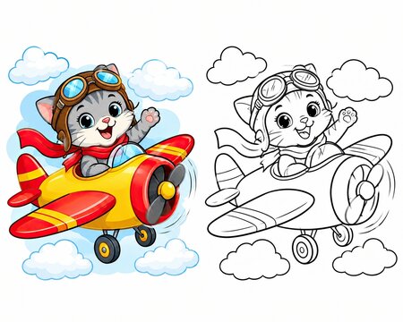 Cute cat pilot flying a small red and yellow airplane in the sky