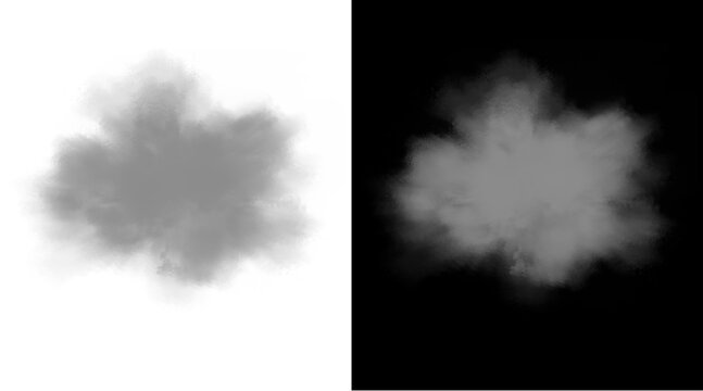 Atmospheric smoke cloud and alpha channel mask, realistic gray steam puff on white and black background, isolated fog texture for compositing