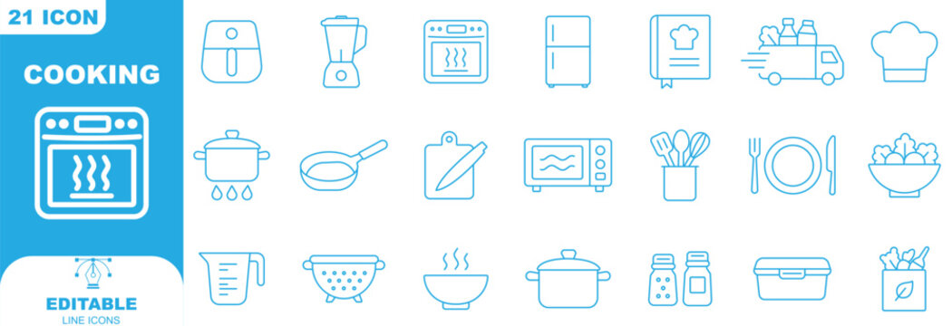 Kitchen, cooking line icons set. Air fryer, meal blender, oven, fridge, recipe cookbook, grocery delivery flat minimal vector illustrations. Simple outline signs. 48x48 Pixel Perfect. Editable Stroke.