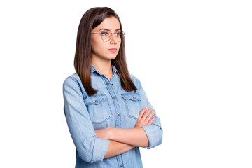 Profile portrait of pretty intellectual long hairdo office worker crossed arms wear spectacles blue cloth isolated on grey background © deagreez