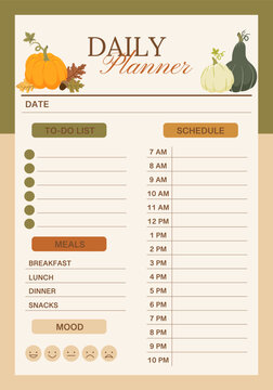 Autumn daily planner template, to do list, schedule, meals, mood tracker, pumpkin, fall leave design