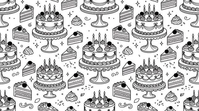 Seamless Pattern of Hand-Drawn Birthday Cakes and Slices.