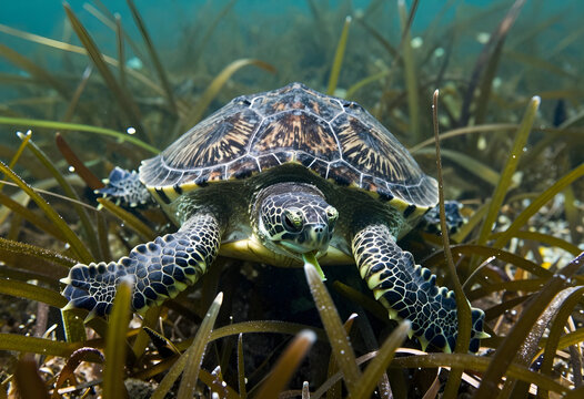 Marine conservation and biodiversity, green sea turtle feeding on seagrass in the ocean, endangered wildlife and aquatic ecosystem in natural habitat