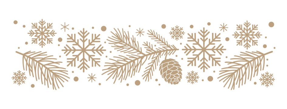 Decorative winter border element featuring stylized golden snowflakes and evergreen pine branches with a rustic pine cone