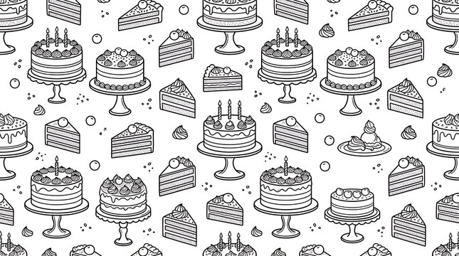 Seamless Pattern of Delicious Cakes and Slices in Black and White Line Art.