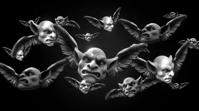 Animated gargoyle heads with wings flying in puppet stop-motion style. Gargoyles with outstretched wings in a looping flight motion, rendered with a handmade, tactile aesthetic. 