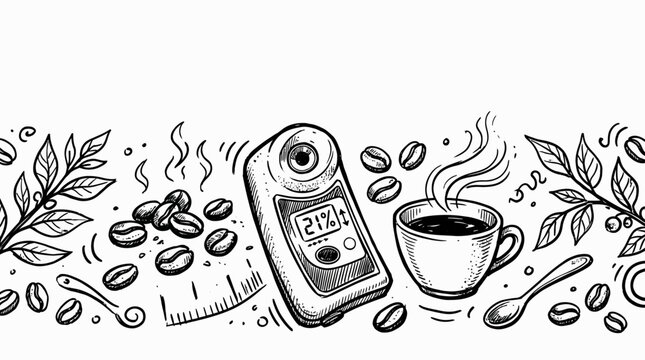 Coffee Brewing Science: Refractometer, Beans, and Hot Drink in Sketch Style