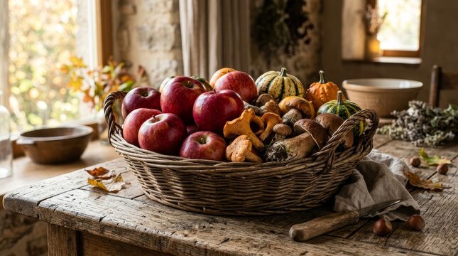 Rustic Harvest Basket with Apples and Gourds.