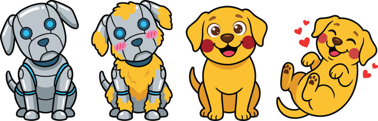 Fototapeta premium Cute Cartoon Dog and Robot Puppy Character Set Showing Evolution From Metallic Cyborg to Fluffy Yellow Pet for Children Designs and Stickers