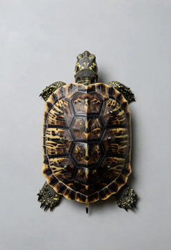 Longevity and patience concept, ornate box turtle with detailed shell patterns viewed from above on a neutral gray background for wildlife education