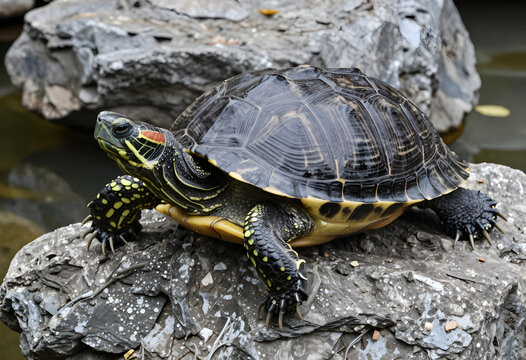 Biodiversity and wildlife conservation, red-eared slider turtle resting on a rock in a natural pond environment for environmental and nature education
