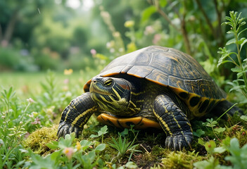 Obraz premium Biodiversity and wildlife conservation, red-eared slider turtle resting in a lush green garden with natural sunlight and soft focus background