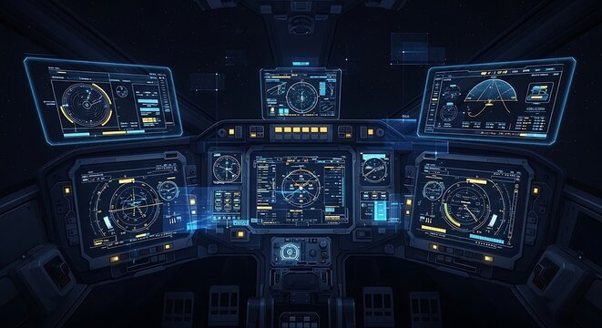 Futuristic spacecraft cockpit interior with multiple glowing digital navigation displays
